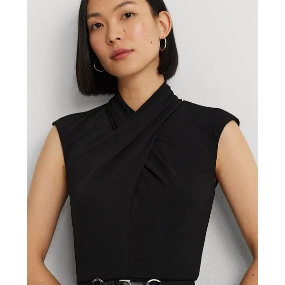 Lauren Ralph Lauren Women Belted Jersey Mock Neck Dress Black Size 10 - Picture 3 of 5